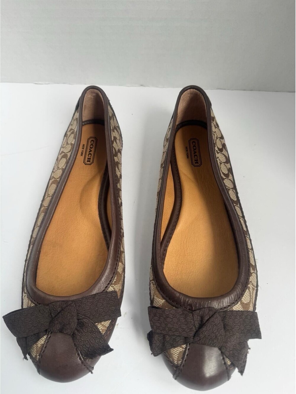Coach “Saundra” Leather‑Trimmed Signature Canvas Ballet Flats | Size 7B